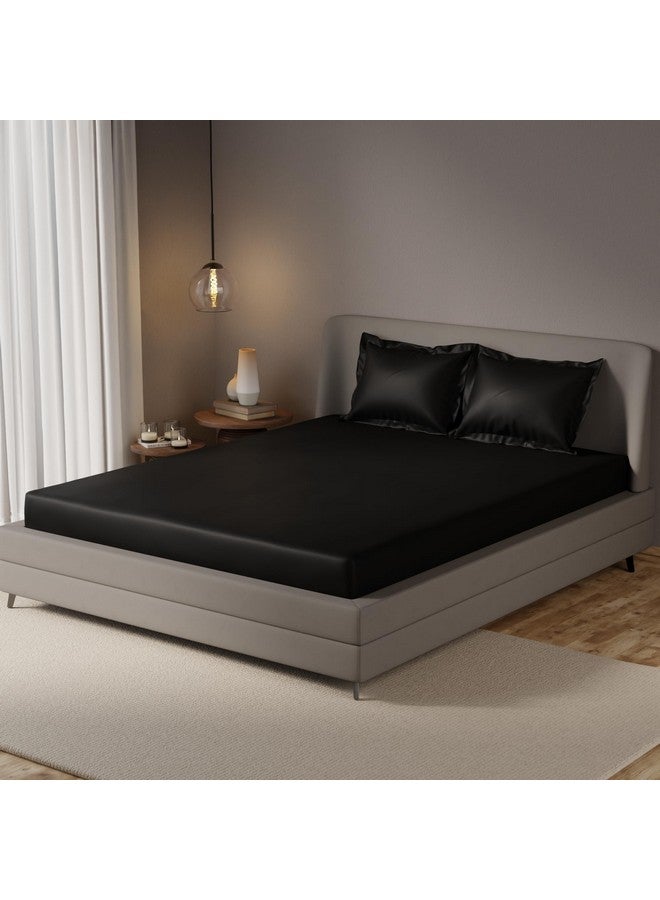 Stoa Paris Elastic Fitted Super King Size Bedsheet with 2 Pillow Covers, 300 TC Satin Premium Bedding Set, Home Decor, Gifts for Woman, Housewarming, Date Night -Midnight Black - Image 2