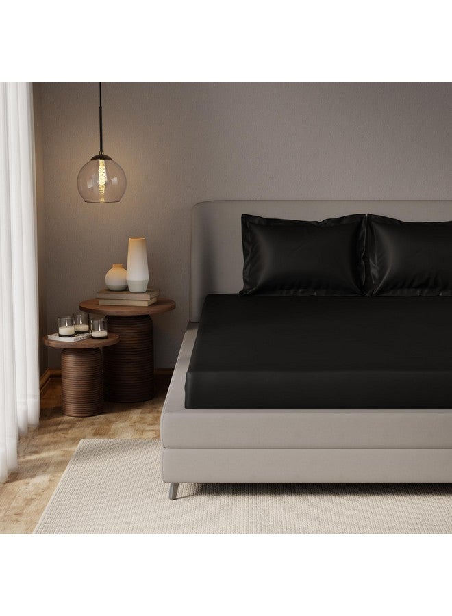 Stoa Paris Elastic Fitted Super King Size Bedsheet with 2 Pillow Covers, 300 TC Satin Premium Bedding Set, Home Decor, Gifts for Woman, Housewarming, Date Night -Midnight Black - Image 1