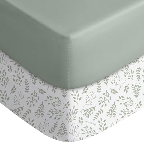 Yoofoss Pack and Play Sheets Fitted, Mini Crib Sheets 2-Pack for Pack N Play Mattress, Stretchy Playard Sheet, Soft and Breathable Green + Leaf - Image 1