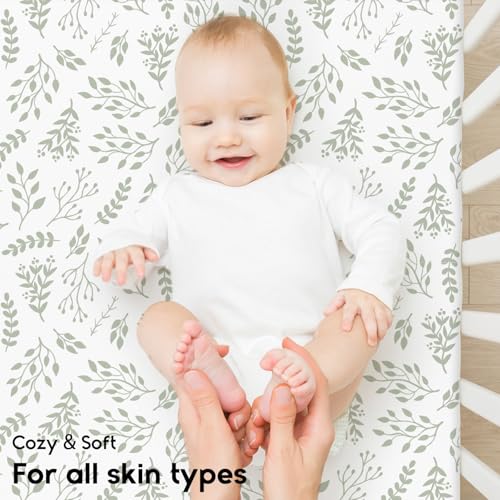Yoofoss Pack and Play Sheets Fitted, Mini Crib Sheets 2-Pack for Pack N Play Mattress, Stretchy Playard Sheet, Soft and Breathable Green + Leaf - Image 4
