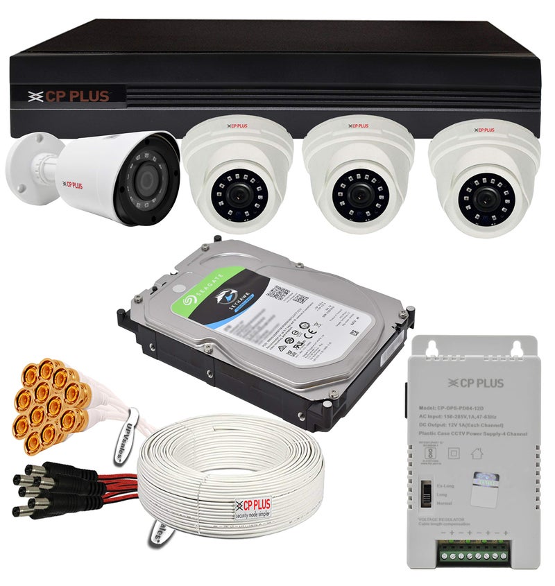 CP PLUS مجموعة كاميرات مراقبة CP PLUS سلكية 2.4MP، H.265+، تخزين 2TB، 4 كاميرات مع (4Ch DVR، 3 كاميرات قبة، كاميرات رصاصة، 2TB HDD، مزود طاقة، كابل 90 متر، ميكروفون صوتي وموصلات) مجموعة كاميرات CCTV بدقة Full HD - Image 1