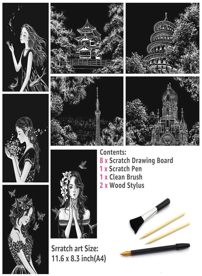 AP ARTSPER Scratch Art for Kids & Adult, Magic Rainbow Flower Engraving Painting Paper, Landscape Scratchboard(A4) Sketch Beautiful Crafts Set: 8 Sheets with 4 Tools - Drawing Pens, Cleaning Brush(Girl/Sakura) - Image 4