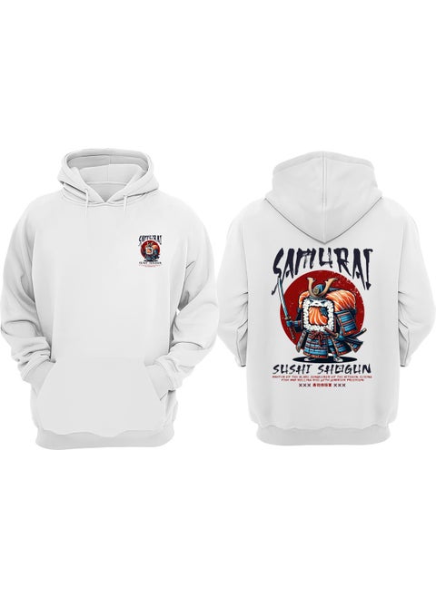 Unisex Samurai Sushi Shogun Design Front Back Printed Regular Fit White Sweatshirt