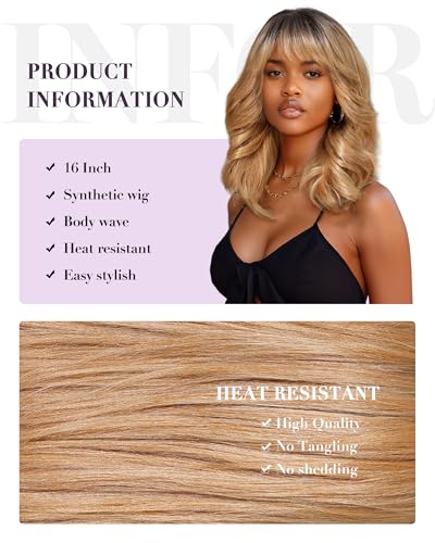 Allbell Body Wave Wig with Bangs Medium Length Ombre Blonde Wigs for Black Women Synthetic Wavy Curly Wigs Heat Resistant Fiber Hair for Daily 16Inch - Image 3