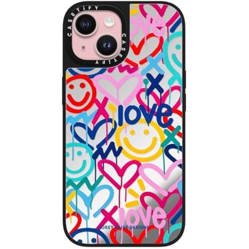 Casetify Mirror iPhone 15 Case 【Reflective / 4.9ft Drop Protection/Compatible with Magsafe】 - Drippy Hearts & Happiness by Corey Paige Designs - Silver on Black - Image 1