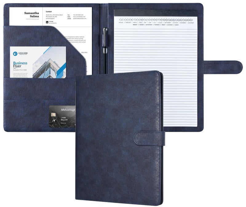 Mymazn Padfolio Portfolio Folder, Faux Leather Interview Resume Folder with Document Organizer & Business Card Holder, Letter-Sized Notepad Legal Pad Holder for Men Women (Navy Blue) - Image 1