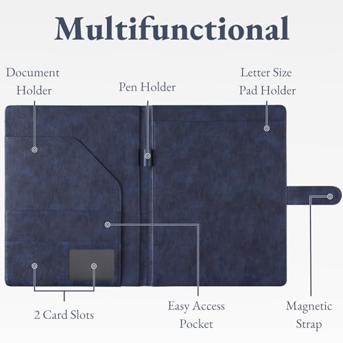 Mymazn Padfolio Portfolio Folder, Faux Leather Interview Resume Folder with Document Organizer & Business Card Holder, Letter-Sized Notepad Legal Pad Holder for Men Women (Navy Blue) - Image 3