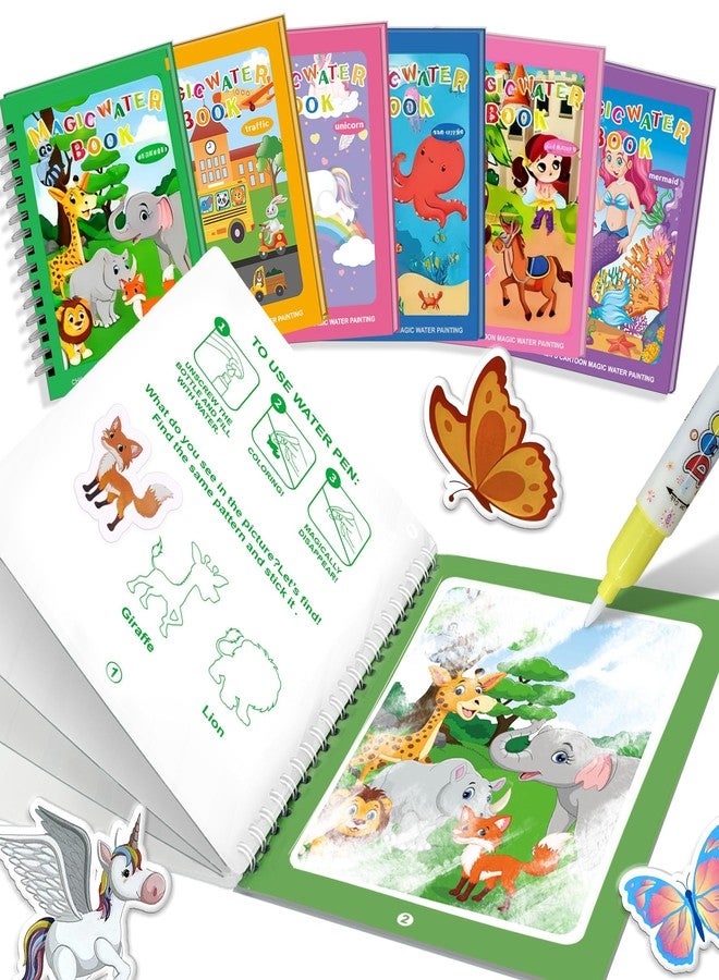 Flamax 6 Sets in 1, Reusable Magic Water Painting Book for Toddlers with 110+ Stickers & NO-Mess Pen, Magic Drawing Activities Coloring Books for Toddler, Water Painting Book for Toddlers - Image 1