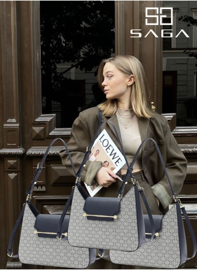 SAGA 3 Pieces Navy blue bag with a stylish crescent design and monogram pattern  - Image 1