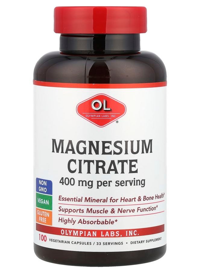 Olympian Labs Magnesium Citrate 400 mg 100 Vegetarian Capsules (133 mg per Capsule)  - Image 1