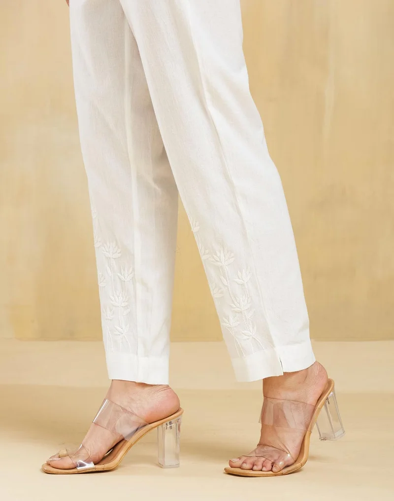 Fabindia White Cotton Chikankari Slim fit Casual Pant
