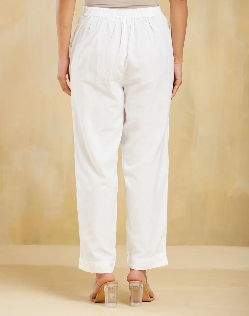 Fabindia White Cotton Chikankari Slim fit Casual Pant