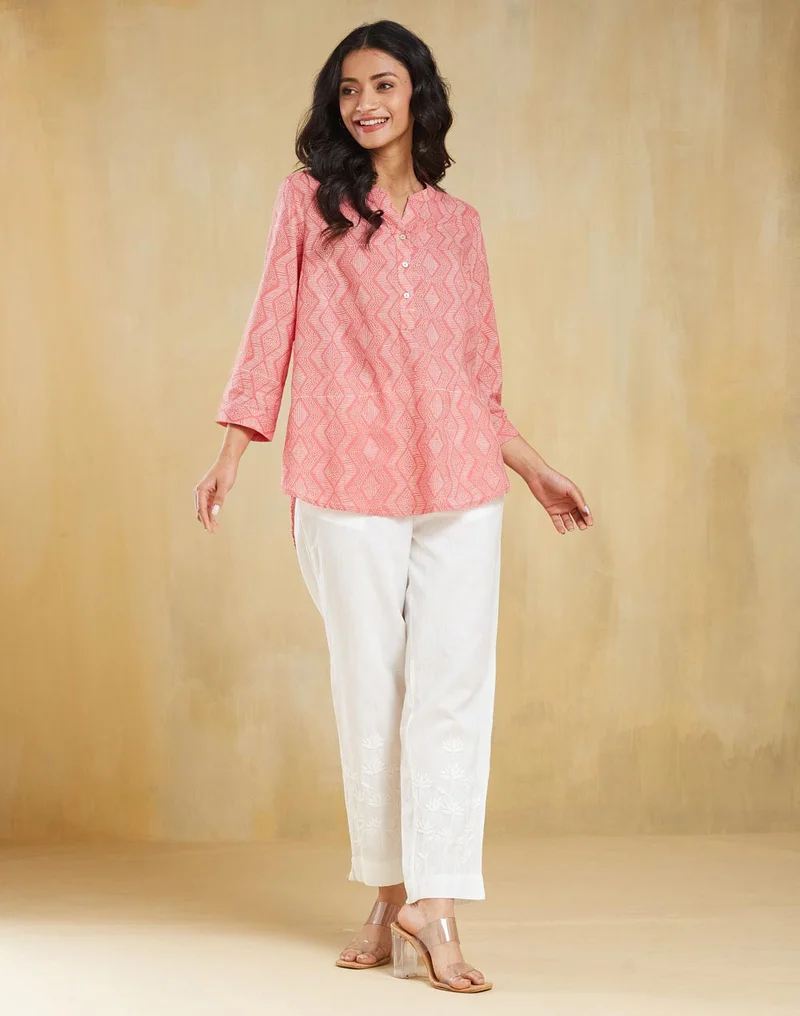Fabindia White Cotton Chikankari Slim fit Casual Pant