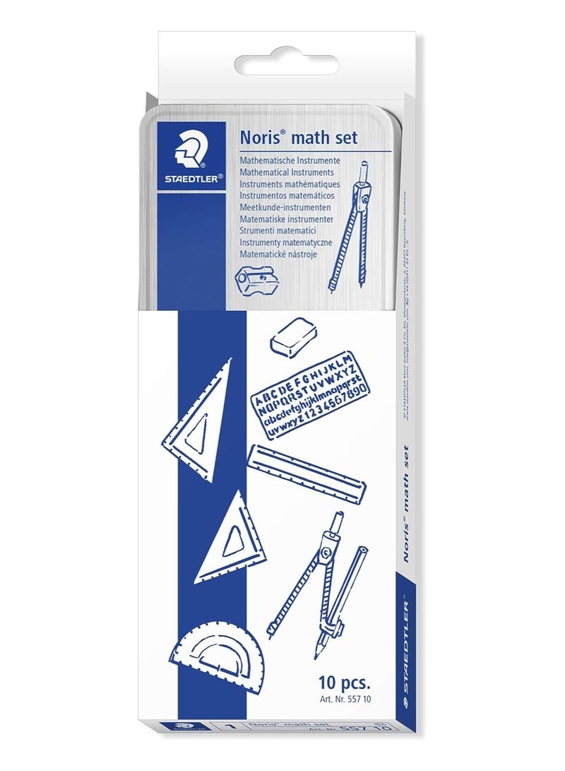 STAEDTLER مجموعة رياضيات STAEDTLER Noris Club 557 10 مع علبة تخزين (10 قطع تشمل البوصلة، المسطرة، المنقلة ومثلثات الزاوية) - Image 1