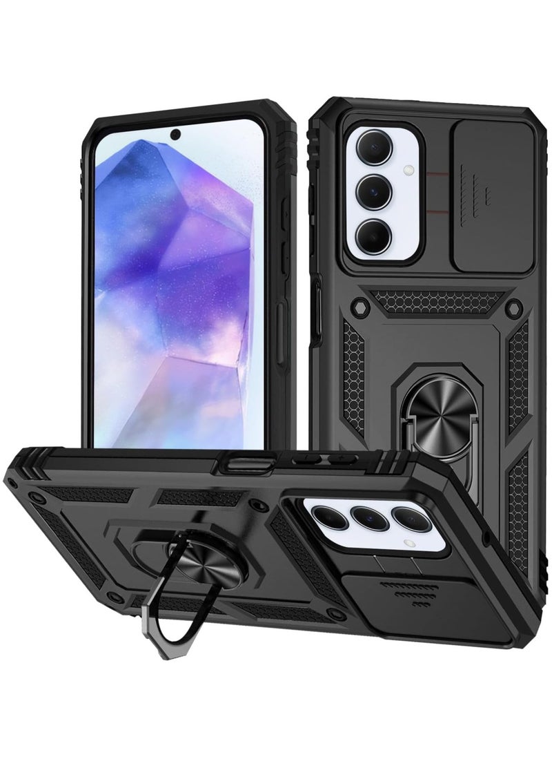 VKL for Samsung Galaxy A 55 5G Case - Shockproof Cases - Anti-Fall Drop Protection - Built-in Slide Anti-Scratch Camera Lens Cover - Integrated 360 Degree Rotating Ring Kickstand (Black)  - Image 1