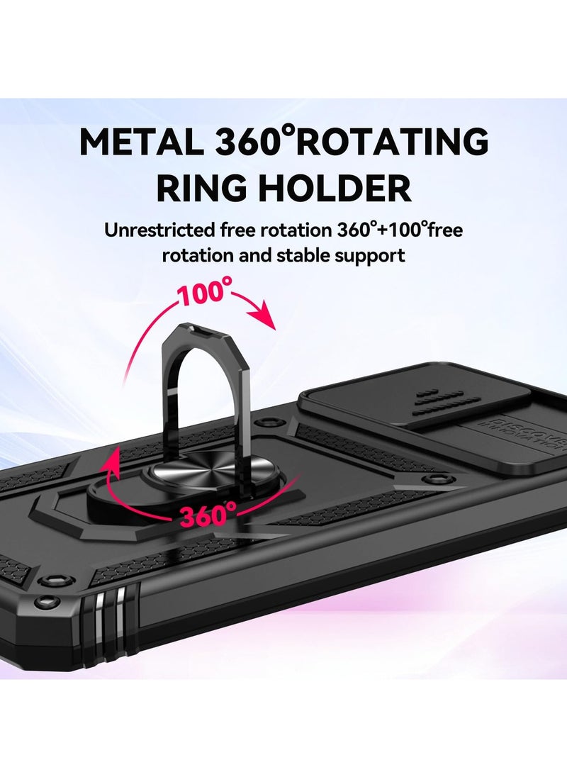for Samsung Galaxy A 55 5G Case - Shockproof Cases - Anti-Fall Drop Protection - Built-in Slide Anti-Scratch Camera Lens Cover - Integrated 360 Degree Rotating Ring Kickstand (Black)