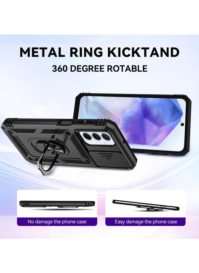 VKL for Samsung Galaxy A 55 5G Case - Shockproof Cases - Anti-Fall Drop Protection - Built-in Slide Anti-Scratch Camera Lens Cover - Integrated 360 Degree Rotating Ring Kickstand (Black)  - Image 2