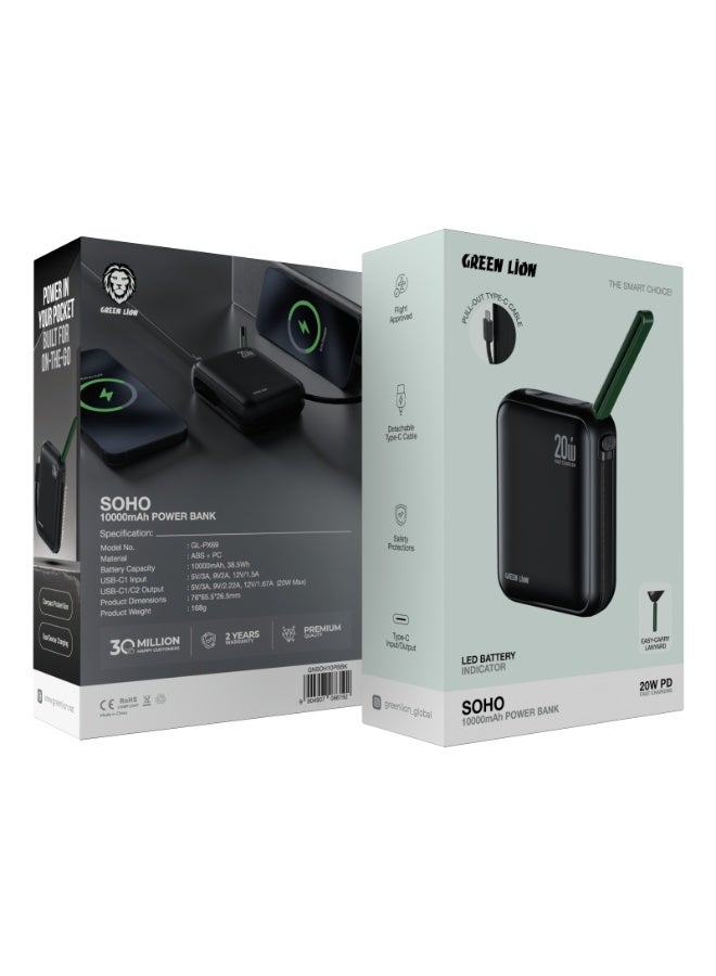 GREEN LION 10000mAh SOHO PD 20W Power Bank, Portable Pocket Size PowerBank with Detachable Type-C Cable, LED Battery Indicator, Easy Carry Lanyard, Flight Approved Power Bank with Safety Protection & Dual Device Charging - Black - Image 4