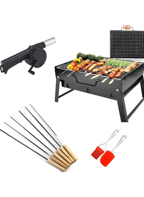 Foldable Charcoal Barbecue Grill Set with 6 Skewers, 2 Spatulas & 1 Air Blower – Portable Outdoor Grilling Kit for Camping, Hiking, Picnics & Travel