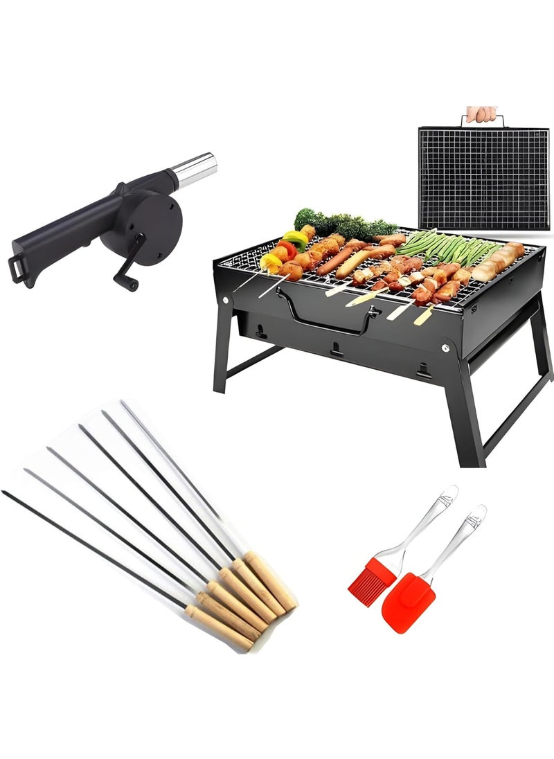 Generic - Foldable Charcoal Barbecue Grill Set with 6 Skewers, 2 Spatulas & 1 Air Blower – Portable Outdoor Grilling Kit for Camping, Hiking, Picnics & Travel - Image 1