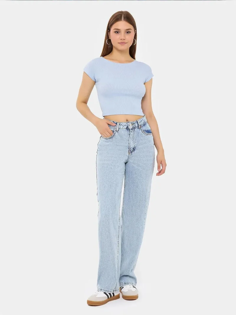 HICCUP Basic Round Neck Short Sleeve Cropped Top