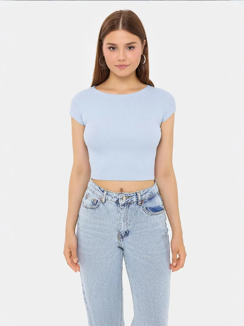 HICCUP Basic Round Neck Short Sleeve Cropped Top