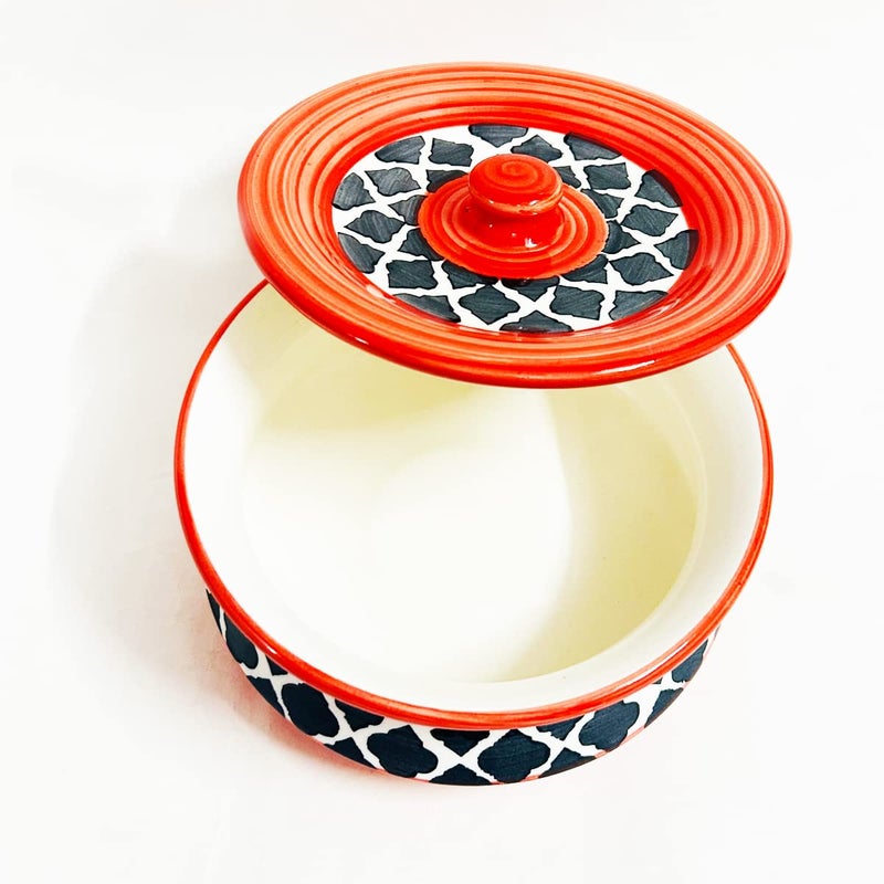 SG Shadowgreen ShadowGreen Ceramic Serving Bowl with lid Dekchi Gravy Bowl Dinner Bowl with lid | Set of 1 - Red Black Design | (750ML Medium) - Image 2