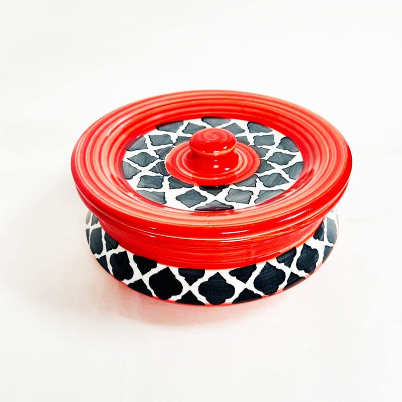 SG Shadowgreen ShadowGreen Ceramic Serving Bowl with lid Dekchi Gravy Bowl Dinner Bowl with lid | Set of 1 - Red Black Design | (750ML Medium) - Image 5