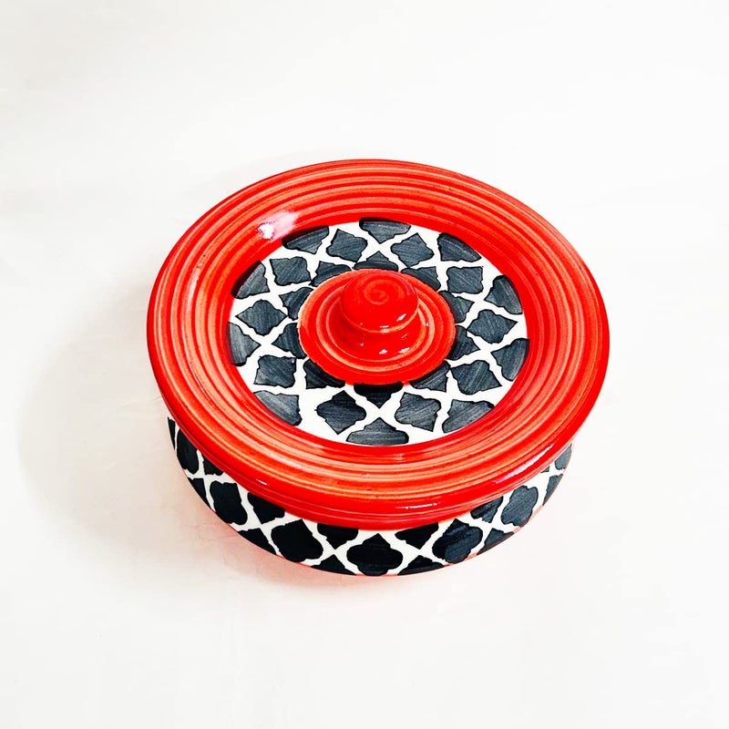 SG Shadowgreen ShadowGreen Ceramic Serving Bowl with lid Dekchi Gravy Bowl Dinner Bowl with lid | Set of 1 - Red Black Design | (750ML Medium) - Image 4