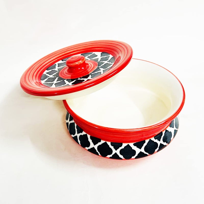 SG Shadowgreen ShadowGreen Ceramic Serving Bowl with lid Dekchi Gravy Bowl Dinner Bowl with lid | Set of 1 - Red Black Design | (750ML Medium) - Image 3