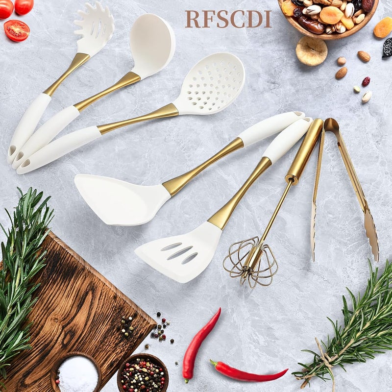 RFSCDI طقم أدوات الطهي من السيليكون باللون الأبيض الذهبي الأنيق - أدوات مطبخ غير سامة، آمنة للغسل في غسالة الصحون مع مقابض مريحة مقاومة للحرارة - يتضمن ملعقة مسطحة وملعقة للطهي للأواني غير اللاصقة - Image 2