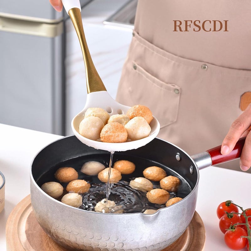RFSCDI طقم أدوات الطهي من السيليكون باللون الأبيض الذهبي الأنيق - أدوات مطبخ غير سامة، آمنة للغسل في غسالة الصحون مع مقابض مريحة مقاومة للحرارة - يتضمن ملعقة مسطحة وملعقة للطهي للأواني غير اللاصقة - Image 5