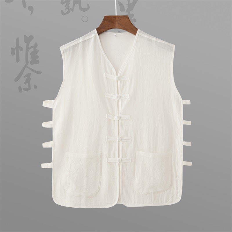 Summer Cotton And Linen Sweatshirt Retro Republic Of China Style Middle-Aged Sleeveless Tang Suit Vest Loose Trendy Thin Vest - Image 4