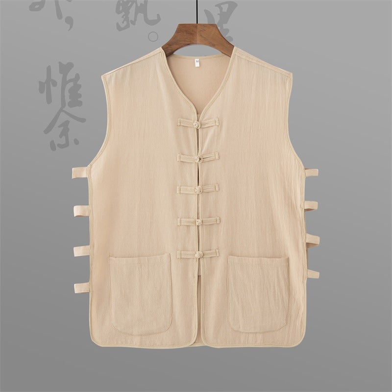 Summer Cotton And Linen Sweatshirt Retro Republic Of China Style Middle-Aged Sleeveless Tang Suit Vest Loose Trendy Thin Vest - Image 1