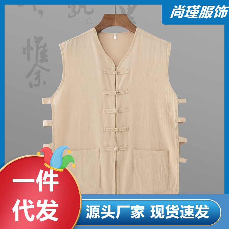 Summer Cotton And Linen Sweatshirt Retro Republic Of China Style Middle-Aged Sleeveless Tang Suit Vest Loose Trendy Thin Vest - Image 2