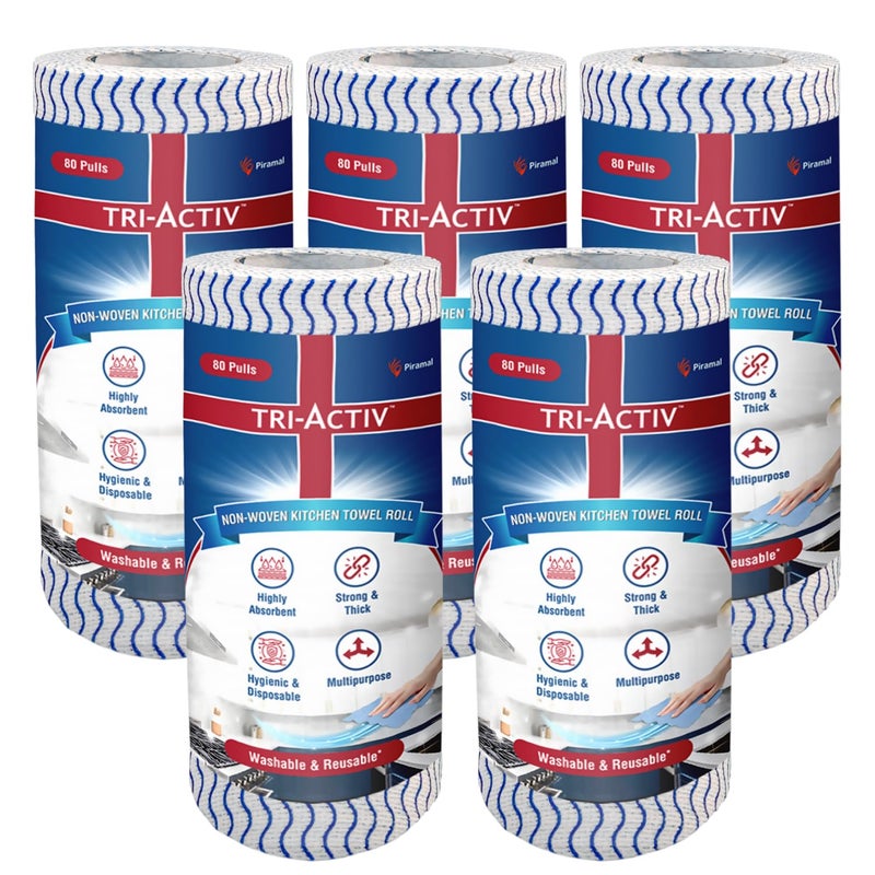 TRI-ACTIV Washable & Reusable Kitchen Towel Roll | 80 Pulls per Roll, 400 Sheets Pack of 5 | Highly Absorbent Kitchen Tissue Roll | Non Woven Fabric | Better alternative to Paper Tissue Roll | Blue - Image 1