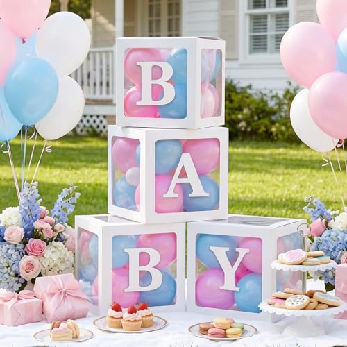 RUBFAC Baby Boxes with 41 Letters and 36 Balloons 4pcs Clear Balloon Boxes for Baby Shower Gender Reveal Girl Boy Blocks Birthday Party Decorations - Image 1