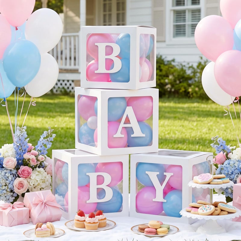 RUBFAC Baby Boxes with 41 Letters and 36 Balloons 4pcs Clear Balloon Boxes for Baby Shower Gender Reveal Girl Boy Blocks Birthday Party Decorations - Image 3