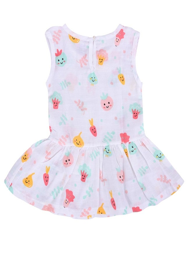 MumsLap Baby Girls Vegetable Print Muslin Frock | Soft Breathable Cotton - Newborn Clothing for 3-6 Months- Lightweight Summer Wear for Infants - Ideal for Sensitive Skin-White - Image 2