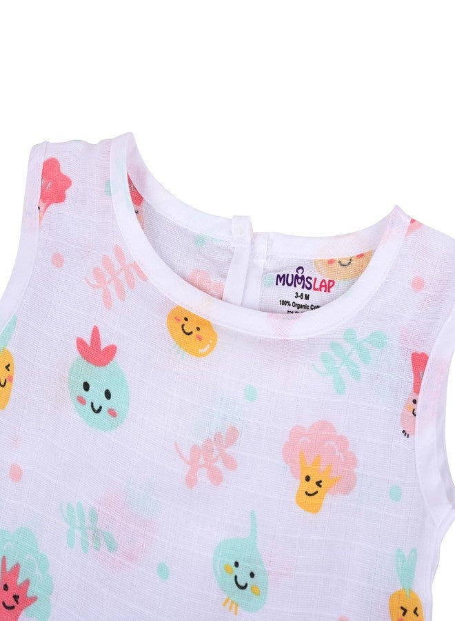 MumsLap Baby Girls Vegetable Print Muslin Frock | Soft Breathable Cotton - Newborn Clothing for 3-6 Months- Lightweight Summer Wear for Infants - Ideal for Sensitive Skin-White - Image 4