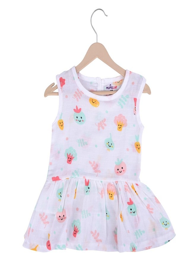 MumsLap Baby Girls Vegetable Print Muslin Frock | Soft Breathable Cotton - Newborn Clothing for 3-6 Months- Lightweight Summer Wear for Infants - Ideal for Sensitive Skin-White - Image 5