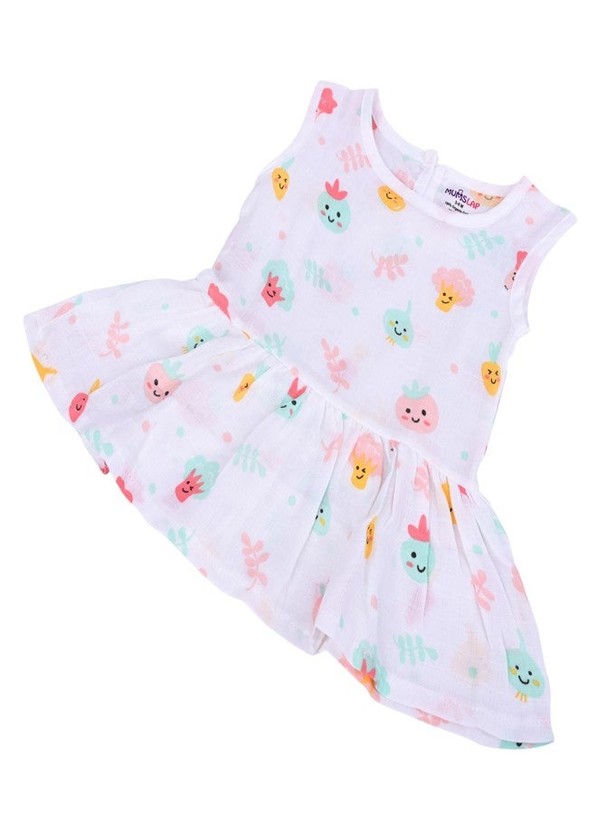 MumsLap Baby Girls Vegetable Print Muslin Frock | Soft Breathable Cotton - Newborn Clothing for 3-6 Months- Lightweight Summer Wear for Infants - Ideal for Sensitive Skin-White - Image 1
