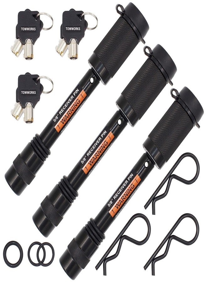 TowWorks 79633 Keyed Alike 5/8" Trailer Hitch Lock Set with Extra Long 3-1/4" Span, Double Safety Tow Hitch Receiver Locking Pin for Class III IV Hitches with 2" and 2.5" Receivers, 3-Pack - Image 1
