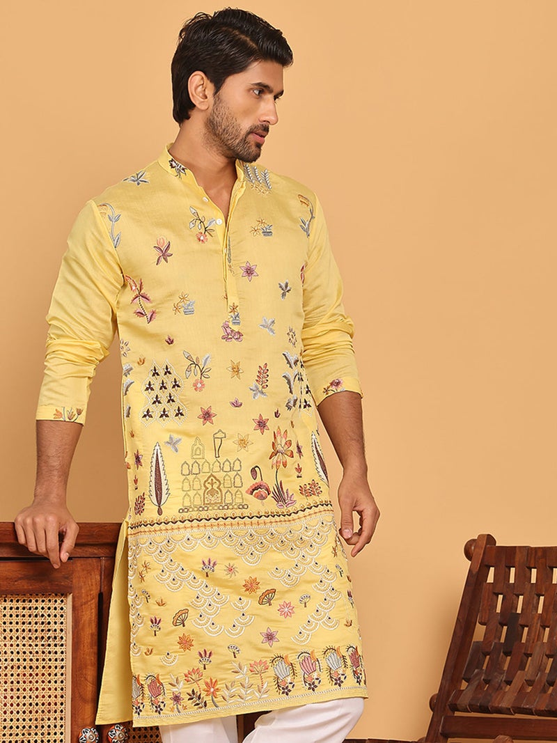 NOZ2TOZ Floral Embroidered Yellow Kurta for Men - Image 1