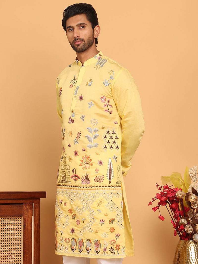 NOZ2TOZ Floral Embroidered Yellow Kurta for Men - Image 2