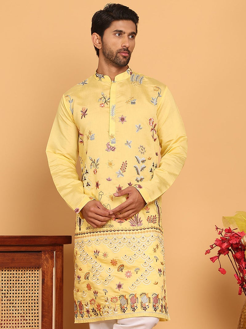 NOZ2TOZ Floral Embroidered Yellow Kurta for Men - Image 5