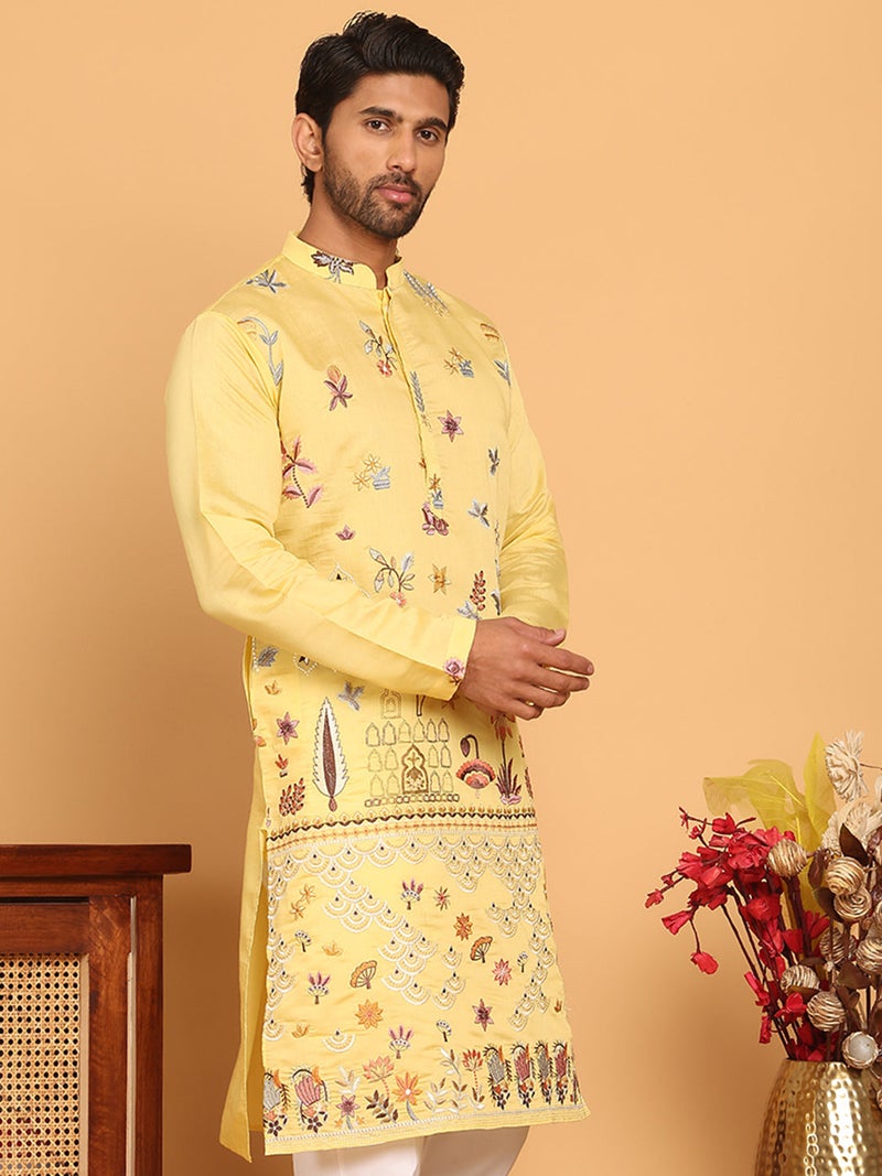 NOZ2TOZ Floral Embroidered Yellow Kurta for Men - Image 4