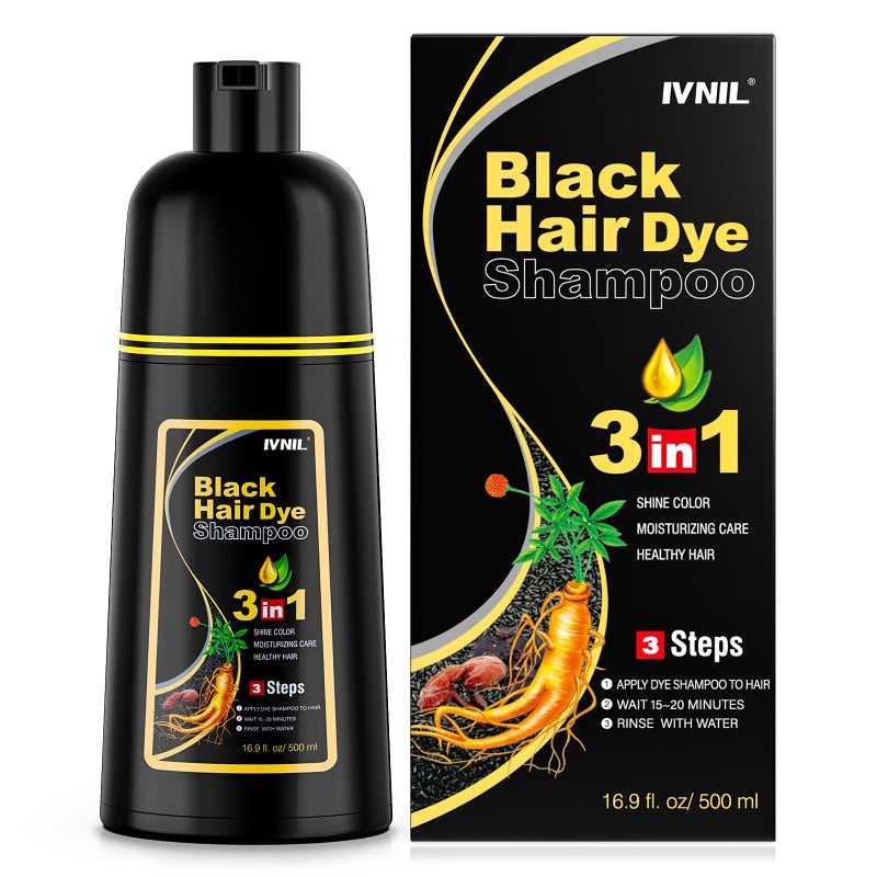 Ivnil Black Hair Dye Shampoo 3 in 1 Semi Permanent Hair Color Shampoo for Women & Men for Gray Hair Coverage, Natural Herbal Ingredients shampoo para pintar el cabello - Image 1