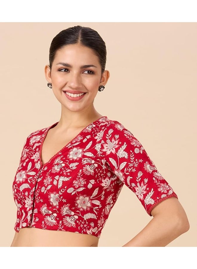 Studio Shringaar Women Linen Half Sleeve Printed Readymade Saree Blouse. - Image 3