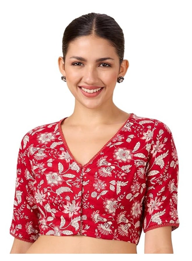 Studio Shringaar Women Linen Half Sleeve Printed Readymade Saree Blouse. - Image 1